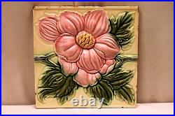 Ancien Carreau Art Nouveau Majolique Dk Japon Céramique Floral Gravé Feuille