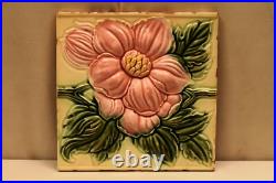 Ancien Carreau Art Nouveau Majolique Dk Japon Céramique Floral Relief Feuille