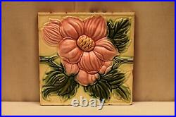 Ancien Carreau Art Nouveau Majolique Dk Japon Céramique Floral Relief Feuille