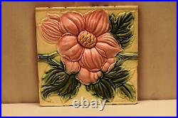 Ancien Carreau Art Nouveau Majolique Dk Japon Céramique Floral Relief Feuille