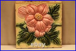 Ancien Carreau Art Nouveau Majolique Dk Japon Céramique Floral Relief Feuille