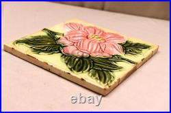 Ancien Carreau Art Nouveau Majolique Dk Japon Céramique Floral Relief Feuille