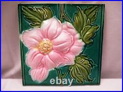 Ancien Carreau Art Nouveau Majolique Japon Rose Fleur Haut Ciselé Collectib 508