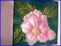Ancien Carreau Art Nouveau Majolique Japon Rose Fleur Haut Ciselé Collectib 508