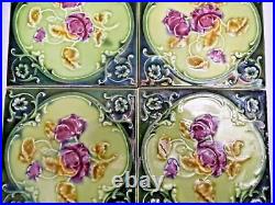 Ancien Carreau Majolique Angleterre Art Nouveau Porcelaine Rose Violet 4 Set #13