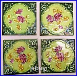 Ancien Carreau Majolique Angleterre Art Nouveau Porcelaine Rose Violet 4 Set #13