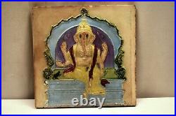 Ancien Carreau Majolique Art Nouveau Céramique Ganesh Assis Sur Trône Gwalior