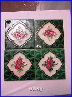 Ancien Carreau Majolique Art Nouveau Japon Rose & Vert Leaf Géométrique 4 PC Set