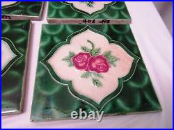 Ancien Carreau Majolique Art Nouveau Japon Rose & Vert Leaf Géométrique 4 PC Set