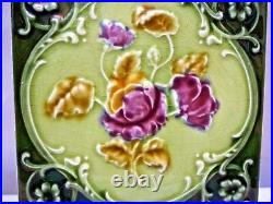 Ancien Carreau Majolique Art Nouveau Violet Rose Fleur England Porcelaine Décor