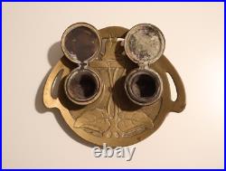 Ancien Double Encrier en Bronze Art Nouveau Modern Style 1900 Décor Floral