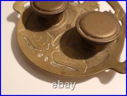 Ancien Double Encrier en Bronze Art Nouveau Modern Style 1900 Décor Floral