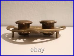 Ancien Double Encrier en Bronze Art Nouveau Modern Style 1900 Décor Floral