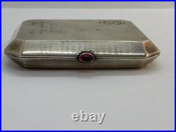 Ancien Étui Boîte A Cigarettes Argent Massif Rubis En Cabochon Art Nouveau 1922