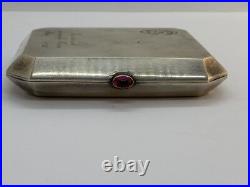 Ancien Étui Boîte A Cigarettes Argent Massif Rubis En Cabochon Art Nouveau 1922
