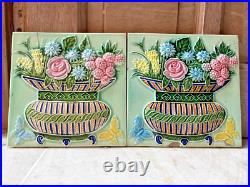 Ancien Fruit Panier Papillons Ciselé Art Nouveau Majolique Carreau Japon Set 2
