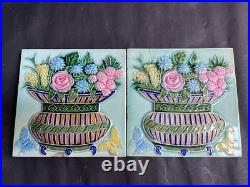 Ancien Fruit Panier Papillons Ciselé Art Nouveau Majolique Carreau Japon Set 2