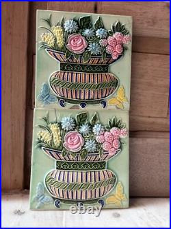 Ancien Fruit Panier Papillons Ciselé Art Nouveau Majolique Carreau Japon Set 2