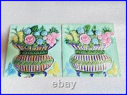 Ancien Fruit Panier Papillons Ciselé Art Nouveau Majolique Carreau Japon Set 2