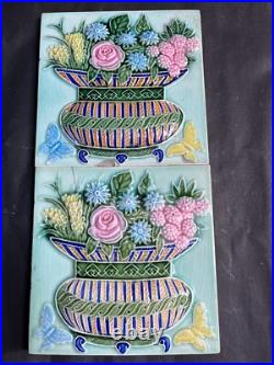 Ancien Fruit Panier Papillons Ciselé Art Nouveau Majolique Carreau Japon Set 2