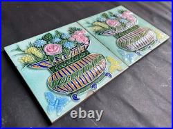 Ancien Fruit Panier Papillons Ciselé Art Nouveau Majolique Carreau Japon Set 2