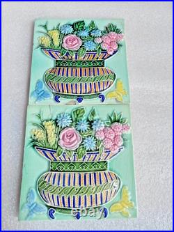 Ancien Fruit Panier Papillons Ciselé Art Nouveau Majolique Carreau Japon Set 2