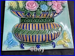 Ancien Fruit Panier Papillons Ciselé Art Nouveau Majolique Carreau Japon Set 2