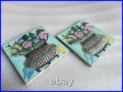 Ancien Fruit Panier Papillons Ciselé Art Nouveau Majolique Carreau Japon Set 2