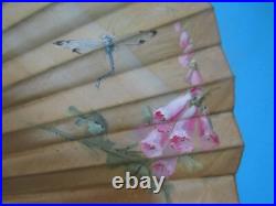 Ancien Grand Eventail Peinture Peint Aux Libellules Art Nouveau Fan Fächer