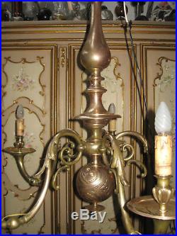 Ancien Grand Lustre Hollandais En Bronze-d'époque Art Nouveau-108 CM De Haut