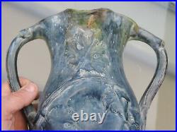 Ancien Grand Vase Ceramique Gres Emaillee Decors Raisin Vigne Art Nouveau