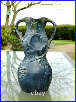 Ancien Grand Vase Ceramique Gres Emaillee Decors Raisin Vigne Art Nouveau