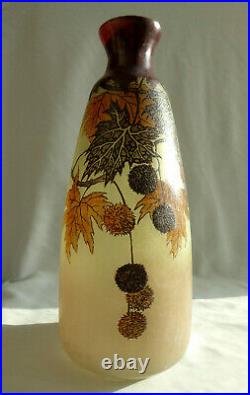Ancien Grand vase en verre emaillé, Legras décor de marrons Art Nouveau XIXe