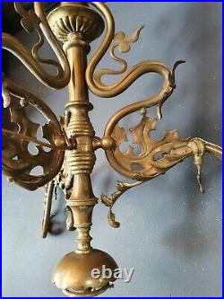 Ancien Lustre Art Nouveau laiton Antique French Jugendstil chandelier houx 1900