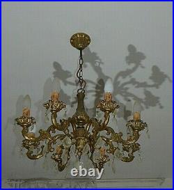 Ancien Lustre Bronze Et Pampille Lampe Pas De Chevet Plafonnier Bouillotte