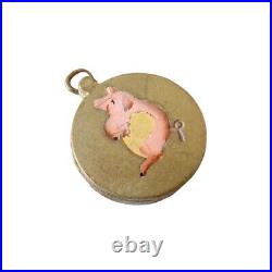 Ancien Pendentif Art Nouveau Emaillé Cochon Miroir Porte Bonheur Breloque 1900