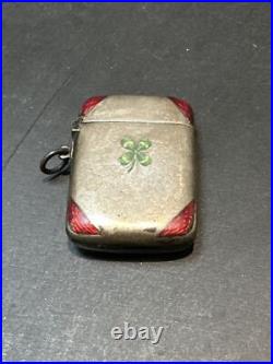 Ancien Pyrogene Box Boite A Alumette Argent Massif Art Nouveau emailler trefles