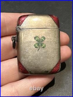 Ancien Pyrogene Box Boite A Alumette Argent Massif Art Nouveau emailler trefles