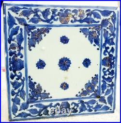 Ancien Rare Art Nouveau Bleu Floral Or Travail Architecture 7.3 Tuile Original