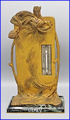 Ancien Thermometre En Bronze Dore Signe Marionnet Art Nouveau