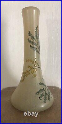 Ancien VASE Soliflore En Verre Soufflé, Décor Floral Période Art Nouveau -18,5cm