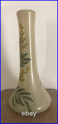 Ancien VASE Soliflore En Verre Soufflé, Décor Floral Période Art Nouveau -18,5cm