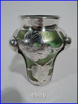 Ancien Vase Art Nouveau Austrian Irisé Vert Verre & Argent Revêtement