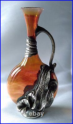 Ancien Vase Art Nouveau En Verre & Etain