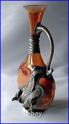 Ancien Vase Art Nouveau En Verre & Etain