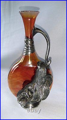 Ancien Vase Art Nouveau En Verre & Etain