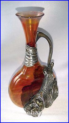 Ancien Vase Art Nouveau En Verre & Etain