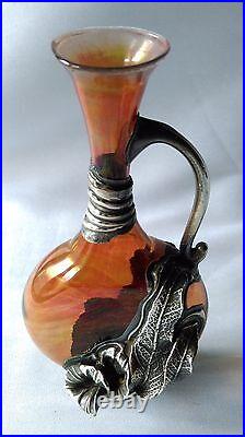 Ancien Vase Art Nouveau En Verre & Etain