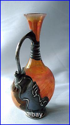 Ancien Vase Art Nouveau En Verre & Etain