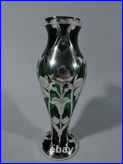 Ancien Vase Art Nouveau Floral Américain Vert Verre & Argent Revêtement